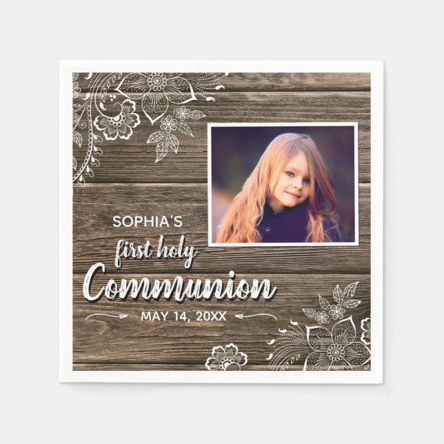 Rustikales Wood Lace First Heilige Kommunion Foto Serviette (Vorderseite)