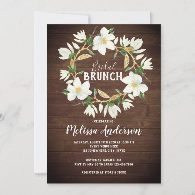Rustikales Wood Magnolia Bridal Brunch Dusche Einladung (Vorderseite)