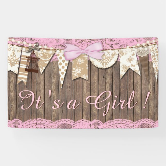 Rustikales Wood Pink Lace Girl Babydusche Banner (Horizontal)