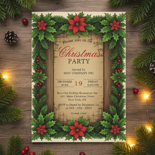 Rustikales Wood Poinsettia Holly Wreath Weihnachte Einladung