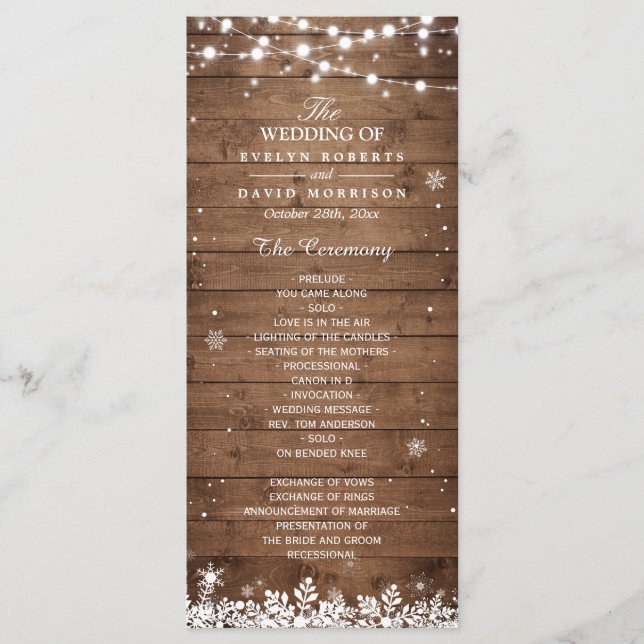 Rustikales Wood Snowflakes Winterhochzeitsprogramm Programm (Vorderseite)