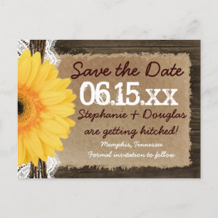 Rustikales Wood Yellow Daisy Save the Date Postkar Ankündigungspostkarte