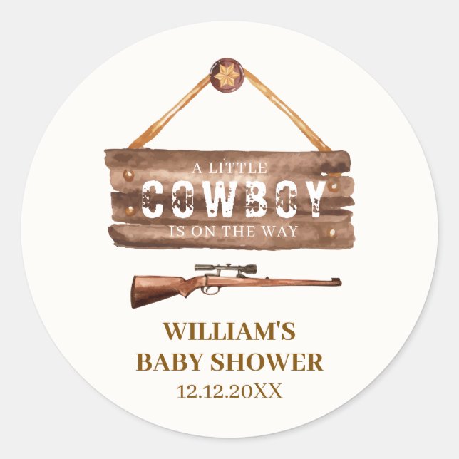 Rustikales Wooden Wild West Cowboy Gun Babydusche Runder Aufkleber (Vorderseite)