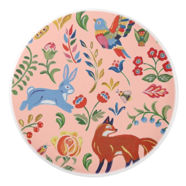 Rustikales Woodland Animal Blume Kinderzimmer Pink Keramikknauf (Vorderseite)