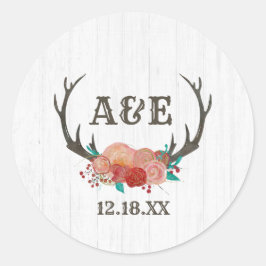 Rustikales Woodland Deer Antler Boho Monogram Wedd Runder Aufkleber
