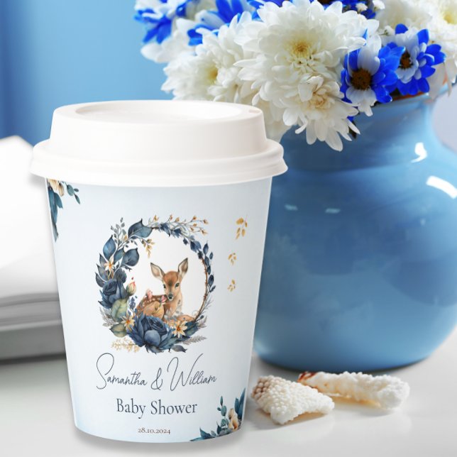Rustikales Woodland Deer Baby Dusche Blauer Blume Pappbecher (Von Creator hochgeladen)