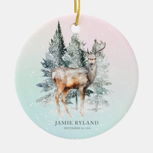 Rustikales Woodland Deer Baby Foto Keepake Keramik Ornament (Vorne)