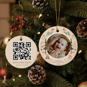 Rustikales Woodland First Christmas Foto QR Code Keramik Ornament