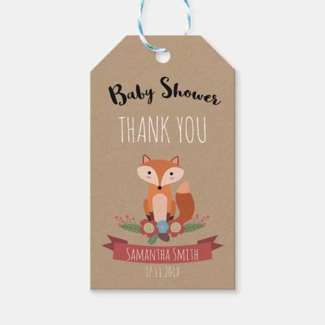 Rustikales Woodland Fox Baby Shoft Tag Geschenkanhänger (Vorderseite)