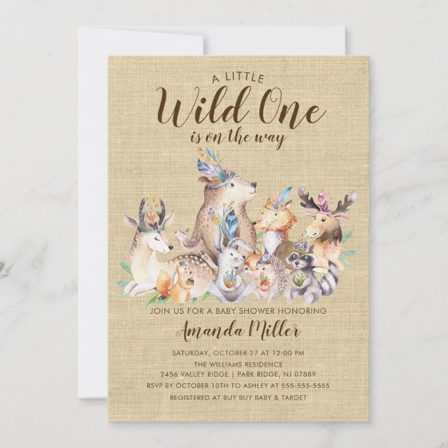 Rustikales Woodland Friends Wild One Baby Shower Einladung (Vorderseite)