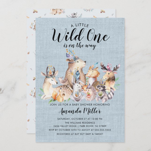 Rustikales Woodland Friends Wild One Baby Shower Einladung (Vorne/Hinten)