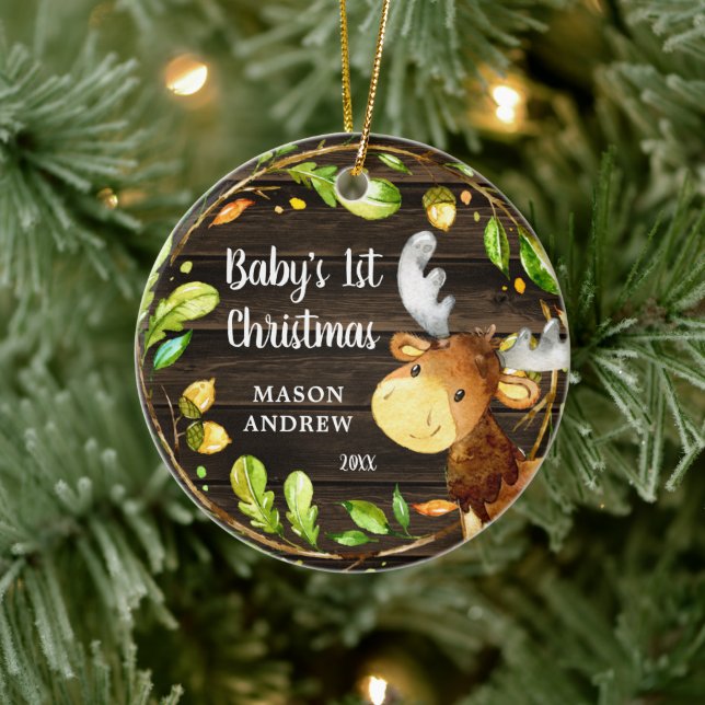 Rustikales Woodland Moose Baby's First Christmas Keramik Ornament (Baum)