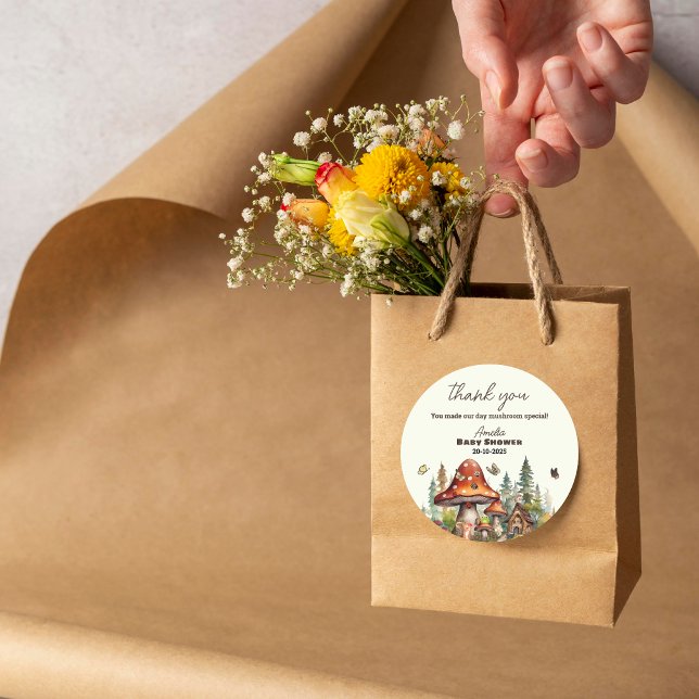 Rustikales Woodland Mushroom Baby Showdown Danke Runder Aufkleber (mushroom food, rustic fall tent, forest animal party labels, woodland buffet autumn, fall)