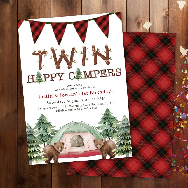 Rustikales Woodland Twins One Happy Camper Geburts Einladung (Twin Happy Campers Birthday Party Invite)