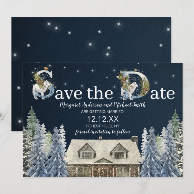 Rustikales Woods Winter Wonderland Save the Date Einladung (Vorne/Hinten)