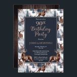 Rustikales Woodsy Deer | Forest 90. Geburtstagspar Einladung<br><div class="desc">Feiern Sie seinen Geburtstag im rustikalen Holzstil mit diesem Hirschmuster,  dem Outdoor-Design der "Birthday Party" mit einer Vielfalt an Hirschen mit immergrünen Tannenbäumen,  Bergen und Schnee auf weißem Hintergrund und einem rustikalen Imitat mit dunklem Holzhintergrund. Composite Design von Holiday Hearts Designs.</div>