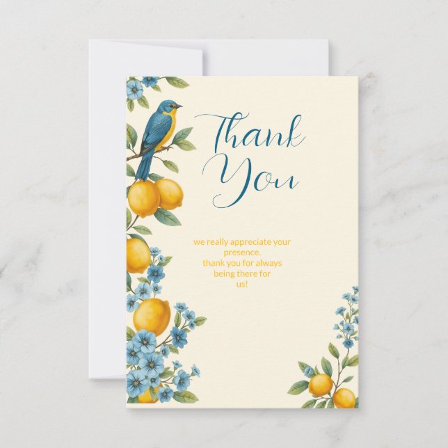 Rustikales Zitronen- und Bluebird-Brautparty Dankeskarte (Vorderseite)
