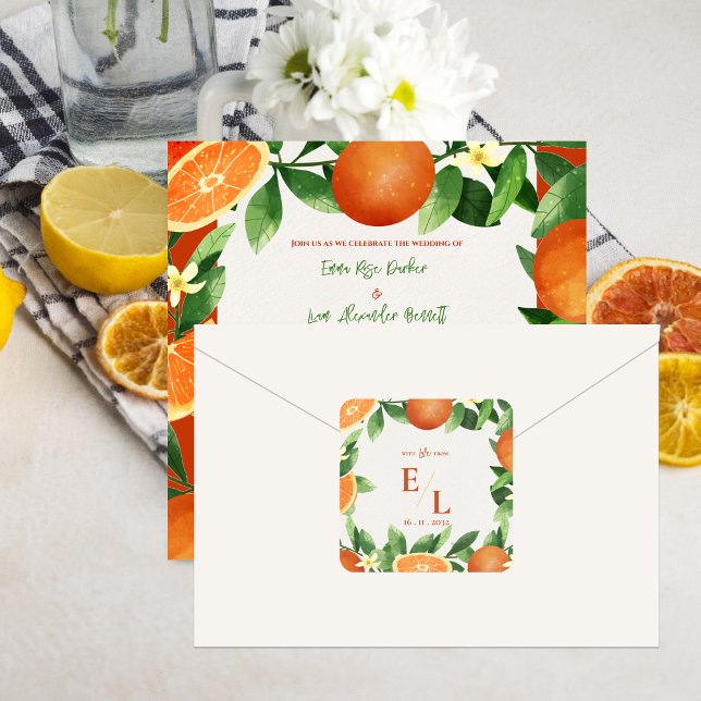 Rustikales Zitrus-Monogramm-Hochzeitsgeschenk Quadratischer Aufkleber (With Love From – Rustic Citrus Wedding Favor Square Sticker)