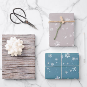 Rustikalisches Holz Beige Blau Schneeflocken Muste Geschenkpapier Set
