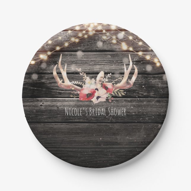 Rustikalisches Holz & Lichter Florale Geweihe Boho Pappteller (Vorderseite)