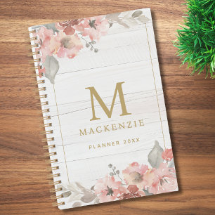 Rustikalisches Holz Rosa Florales Wasserfarben-Mon Planer