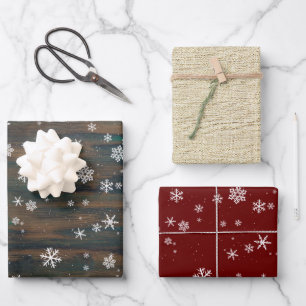 Rustikalisches Holz Rote Schneeflocken Weihnachtsf Geschenkpapier Set