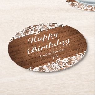 Rustikalisches Holz & Weiße Spitze Alles Gute zum Runder Pappuntersetzer