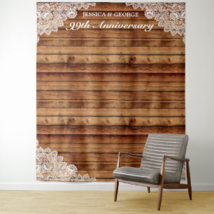 Rustikalisches Holz & Weißer Spitzen-Jahrestag-Fot Wandteppich