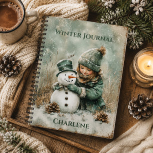 Rustikalisches kleines Mädchen Schneemann Winter J Notizblock