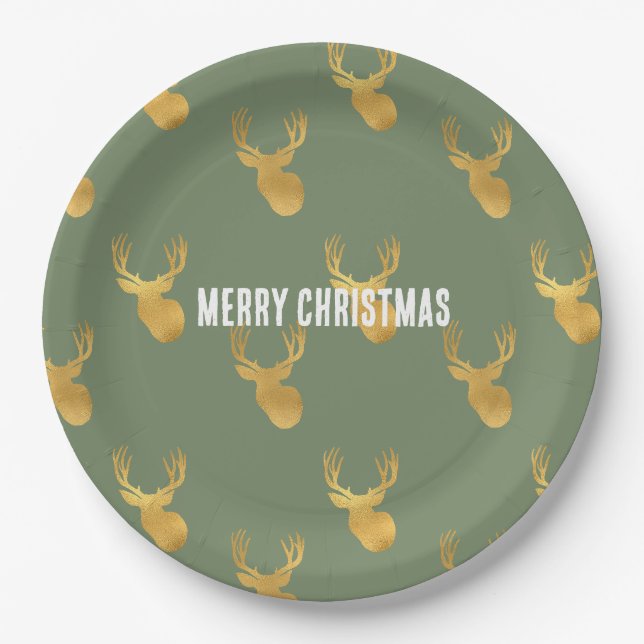 Rustikalisches Olivgrün Goldhirsch Weihnachten Pappteller (Vorderseite)