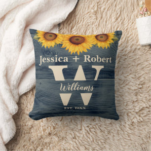 Rustikalisches Sonnenblumen Blau Holz Personalisie Kissen
