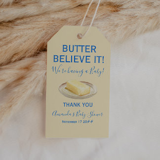 Rustikalisches Thema Buttergelb Blau Babyparty Geschenkanhänger