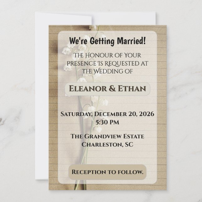 Rustikalisches Vintage-Linienpapier Maiglöckchen H Einladung (Vorderseite)