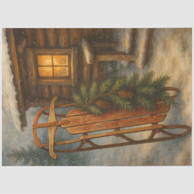 Rustikalisches Winter-Schlitten-Cabin-Decoupage-Ti Seidenpapier (Vorderseite)