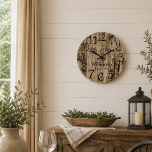 Rustikalisierte braune Holzpersonalisierung Große Wanduhr