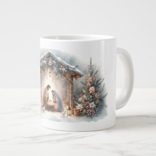 Rustike Weihnachtskrippen-Szene mit Winterblumen Jumbo-Tasse (Vorderseite Rechts)