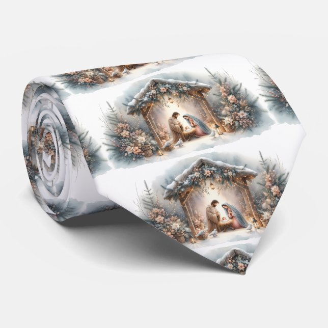 Rustike Weihnachtskrippenszene mit Winterblumen Krawatte (Gerollt)
