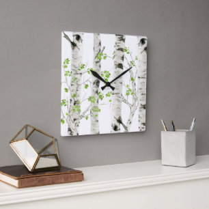 Rustikuhr aus Acryl mit Weißbirke Quadratische Wanduhr