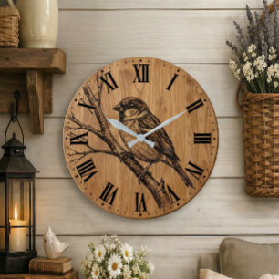 Rustikuhr mit Spatz auf Ast an der Wand Große Wanduhr
