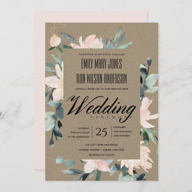 RUSTISCH BLUSH GOLD KRAFT FLORAL WATERCOLOR WEDD EINLADUNG (Vorne/Hinten)