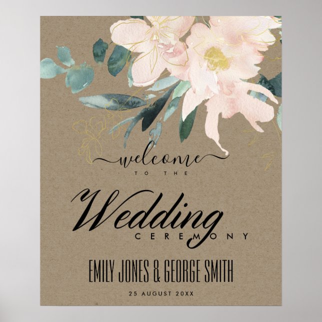 RUSTISCH BLUSH KRAFT GOLD FLORAL WEDING WILLKOMMEN POSTER (Vorne)