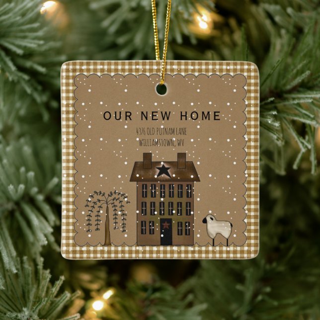 RUSTISCH NEUES ZUHAUSE SALTBOX HAUS PERSONALISIERT KERAMIKORNAMENT (Baum)