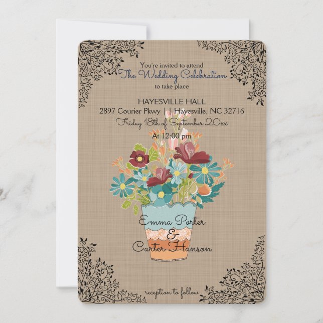 Rustische Blume Burlap Hochzeitseinladung Einladung (Vorderseite)