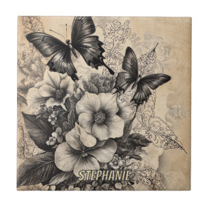 Rustische Blume und Schmetterlinge - Altpapier (10 Fliese