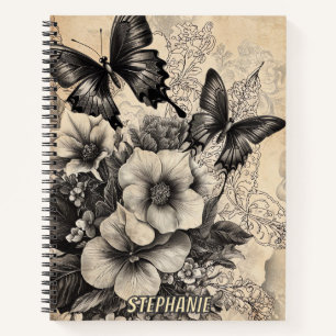 Rustische Blume und Schmetterlinge - Altpapier (10 Notizbuch