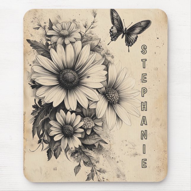 Rustische Blume und Schmetterlinge - Altpapier (11 Mousepad (Vorne)