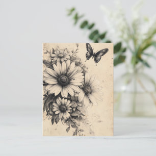 Rustische Blume und Schmetterlinge - Altpapier (11 Postkarte