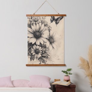 Rustische Blume und Schmetterlinge - Altpapier (11 Wandteppich Mit Holzrahmen