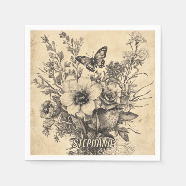 Rustische Blume und Schmetterlinge - Altpapier (12 Serviette (Vorderseite)