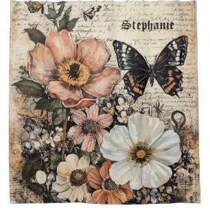 Rustische Blume und Schmetterlinge - Altpapier (14 Duschvorhang